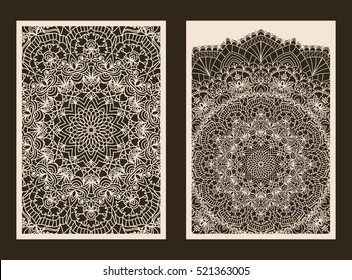 Set of 2 Wedding Invitation or greeting card with lace pattern. Layout congratulatory card with carved openwork pattern. Pattern suitable for laser cutting, plotter cutting or printing. Vector