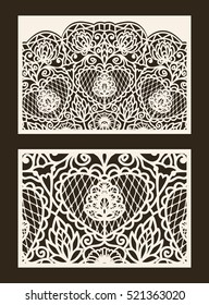 Set of 2 Wedding Invitation or greeting card with lace pattern. Layout congratulatory card with carved openwork pattern. Pattern suitable for laser cutting, plotter cutting or printing. Vector