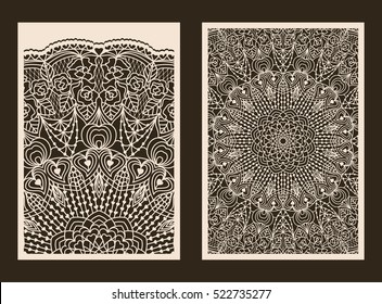 Set of 2 Wedding Invitation or greeting card with lace pattern. Layout congratulatory card with carved openwork pattern. Pattern suitable for laser cutting, plotter cutting or printing. Vector