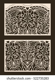 Set of 2 Wedding Invitation or greeting card with lace pattern. Layout congratulatory card with carved openwork pattern. Pattern suitable for laser cutting, plotter cutting or printing. Vector