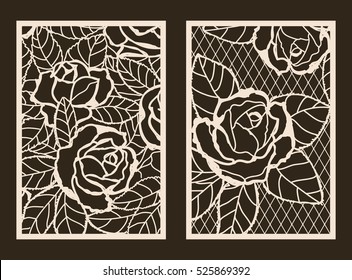 Juego de 2 Invitación de Boda o tarjeta de saludo con patrón de encaje. Tarjeta de felicitación de diseño con diseño abierto tallado. Patrón adecuado para corte láser, corte en plotter o impresión. Vector