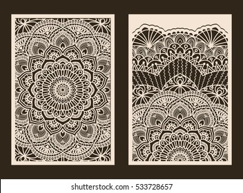 Set of 2 Wedding Invitation or greeting card with lace pattern. Layout congratulatory card with carved openwork pattern. Pattern suitable for laser cutting, plotter cutting or printing. Vector