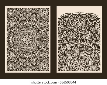 Set of 2 Wedding Invitation or greeting card with lace pattern. Layout congratulatory card with carved openwork pattern. Pattern suitable for laser cutting, plotter cutting or printing. Vector