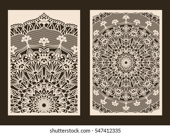 Set of 2 Wedding Invitation or greeting card with lace pattern. Layout congratulatory card with carved openwork pattern. Pattern suitable for laser cutting, plotter cutting or printing. Vector