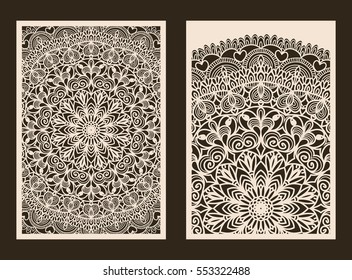 Set of 2 Wedding Invitation or greeting card with lace pattern. Layout congratulatory card with carved openwork pattern. Pattern suitable for laser cutting, plotter cutting or printing. Vector