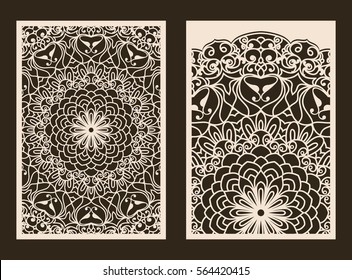 Set of 2 Wedding Invitation or greeting card with lace pattern. Layout congratulatory card with carved openwork pattern. Pattern suitable for laser cutting, plotter cutting or printing. Vector