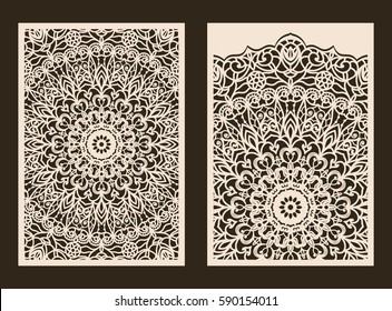 Set of 2 Wedding Invitation or greeting card with lace pattern. Layout congratulatory card with carved openwork pattern. Pattern suitable for laser cutting, plotter cutting or printing. Vector