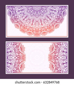 Set of 2 Wedding Invitation or greeting card with colorful lace pattern.  Layout congratulatory card with carved openwork pattern. Vector illustration.
