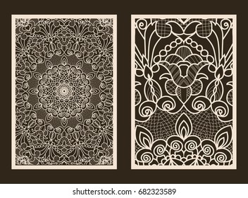 Set of 2 Wedding Invitation or greeting card with lace pattern. Layout congratulatory card with carved openwork pattern. Pattern suitable for laser cutting, plotter cutting or printing. Vector