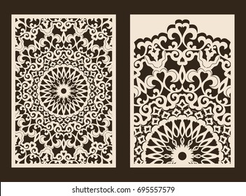 Set of 2 Wedding Invitation or greeting card with lace pattern. Layout congratulatory card with carved openwork pattern. Pattern suitable for laser cutting, plotter cutting or printing. Vector