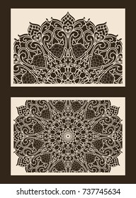 Set of 2 Wedding Invitation or greeting card with lace pattern. Layout congratulatory card with carved openwork pattern. Pattern suitable for laser cutting, plotter cutting or printing. Vector
