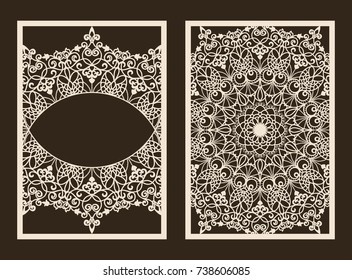 Set of 2 Wedding Invitation or greeting card with lace pattern. Layout congratulatory card with carved openwork pattern. Pattern suitable for laser cutting, plotter cutting or printing. Vector