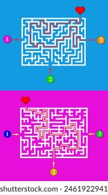 Conjunto de 2 laberintos de Vector blanco sobre fondos azules y magenta. Búsqueda para el amor laberintos con tres entradas. Encuentra el camino correcto y llega al corazón rojo. Juegos educativos mentales con pistas. 