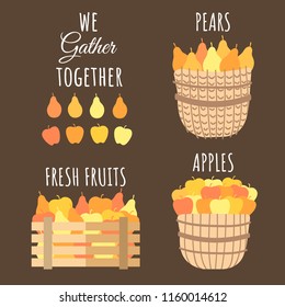 Set of 2 wicker baskets and wooden box full of fresh apples and pears.  Flat style design. Concept harvest. Vector illustration.