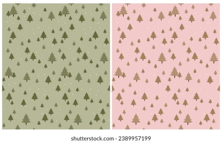 Set of 2 Winter Holidays Seamless Vector Pattern with Green and Gold Christmas Trees and Stars isolated on a Light Pink and Light Green Background. Christmas Repeatable Print. Winter Forest. Rgb.