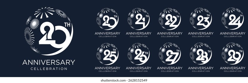 Conjunto de diseño de logotipo de 20 a 29 aniversario, con fuegos artificiales de color blanco para evento de celebración, boda y cumpleaños, Ilustración vectorial