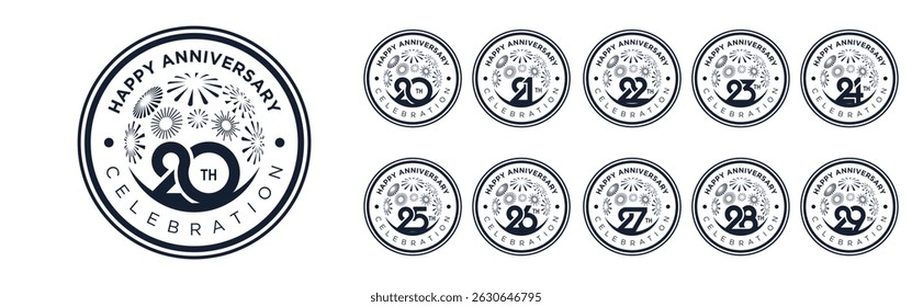 Conjunto de diseño de logotipo de 20 a 29 aniversario, con fuegos artificiales de color negro para evento de celebración, boda y cumpleaños, Ilustración vectorial