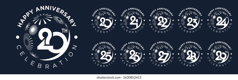 set of 20 to 29th anniversary logotype design, with white color fireworks for celebration event, wedding, and birthday, vector illustration