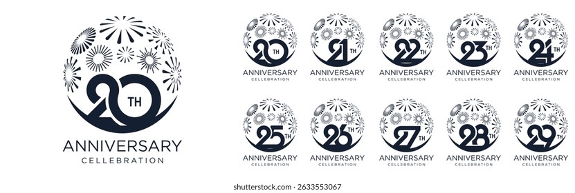 set of 20 to 29th anniversary logotype design, with black color fireworks for celebration event, wedding, and birthday, vector illustration