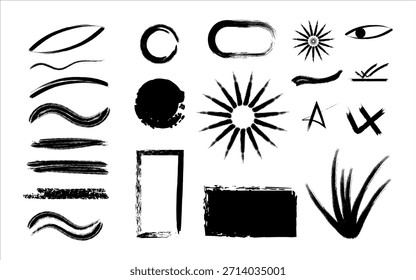 Um conjunto de 20 formas pretas abstratas e símbolos incluindo sóis, olhos, folhas e formas geométricas em um fundo branco plano