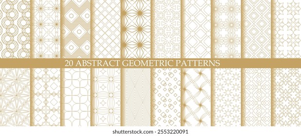 Set of 20 abstract geometric pattern with triangle, lines and stripes on white background. A seamless vector background. Graphic modern pattern. White and gold pattern.