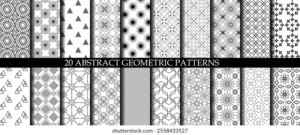 Set of 20 abstract geometric pattern with triangle, lines and stripes on white background. A seamless vector background. Graphic modern pattern. White and black pattern.