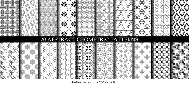 Set of 20 abstract geometric pattern with triangle, lines and stripes on white background. A seamless vector background. Graphic modern pattern. White and black pattern.