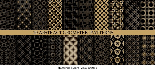 Set of 20 abstract geometric pattern with triangle, lines and stripes on black background. A seamless vector background. Graphic modern pattern. Gold and black pattern.