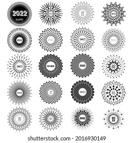 Set of 20 abstract vector illustration on 2022 New Year designs in a black and white sunburst style