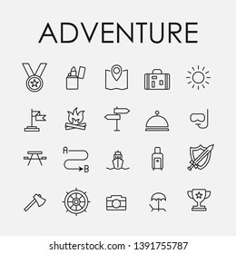 Set of 20 adventure icons. Universal signs to use for mobile UI and web. Thin line elements for app and concepts. Vector simple icons.