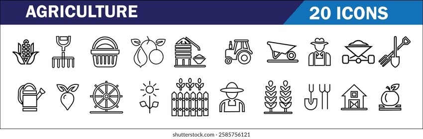 Set of 20 agriculture-themed icons, featuring tools, crops, and equipment. Perfect for websites and apps, available in scalable any  and formats, easily customizable.
