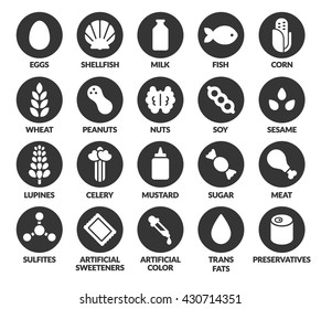 Set of 20 allergen ingredient icons. Eggs and dairy, nuts and soy, sulfites and preservatives, and other allergy causing foods.