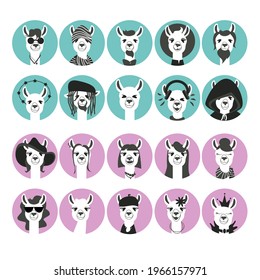A set of 20 alpaca avatars for men and women. Use on social networks or your projects. Stylish vector set