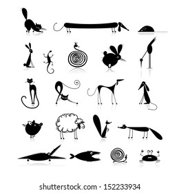 Set of 20 animals, black silhouette for your design