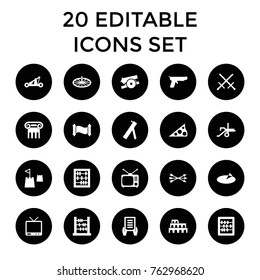 Set of 20 antique filled icons such as coliseum, greek column, abacus, holding document, sword, tv, tv, castle tower, sundial, arrow bow, catapult, cannon, manuscript