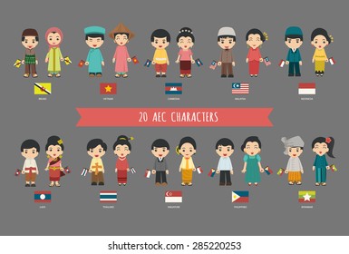 Set of 20 asian men and women in traditional costume with flag , eps10 vector format