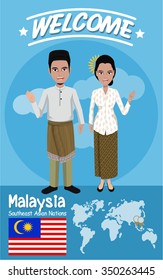 Set of 20 asian men and women in traditional costume with flag , eps10 vector format