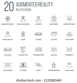 Set of 20 Augmented reality Related line Icons. Contains such Icons as Augmented reality, AR game, AR presentation and more. concept symbol creative design. Can be used for web UI/UX