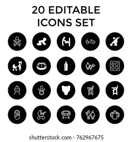 Set of 20 baby filled and outline icons such as baby changing room, child playground carousel, bear, pacifier, bike, from toy for beach, playpen, mother and son, newborn child