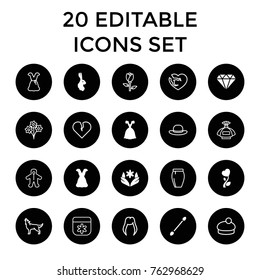 Set of 20 beautiful filled and outline icons such as rabbit, flower, diamond, cotton buds, dress, heart flower, rose, wolf, baby, woman hairstyle, perfume, skirt, woman hat