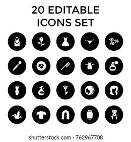Set of 20 beauty filled icons such as leaf, rose, perfume, woman hairstyle, spray bottle, hair removal, hairstyle, panties with heart, nail, slim, nail sawing, toothbrush