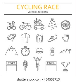 Set of 20 Bicycle Race modern linear icons. Black outline templates of cycling competition isolated on white. Bicycling championship elements made in trendy thin line style vector.