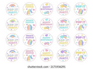 Set of 20 Birthday favor tags popi it fidget toy vector design with illustrations and text. Happy Birthday gift printable circle cards or labels in pastel popit style. Party design as a trendy toy.