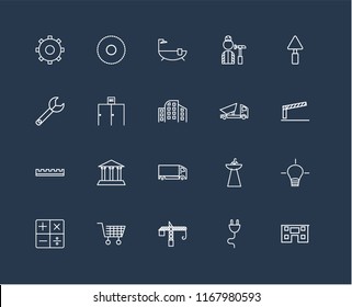 Set Of 20 black linear icons such as House, Plug, Crane, Wheelbarrow, Calculator, Trowel, Dumper, Delivery truck, Ruler, Toilet, Bathtub, editable stroke vector icon pack