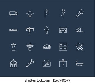Set Of 20 black linear icons such as Bathtub, Toilet, Toolbox, Wrench, House, Dumper, Sink, Crane, Shower, editable stroke vector icon pack