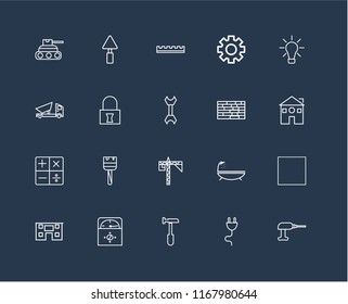 Set Of 20 black linear icons such as Driller, Plug, Hammer, Voltmeter, House, Idea, Brick wall, Crane, Calculator, Padlock, Ruler, editable stroke vector icon pack