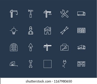 Set Of 20 black linear icons such as House, Plug, Tractor, Wrench, Measuring tape, Delivery truck, Crane, Building, Worker, editable stroke vector icon pack