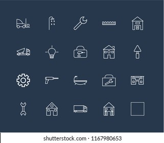 Set Of 20 black linear icons such as Tractor, Home repair, Delivery truck, House, Wrench, Warehouse, Home, Bathtub, Settings, Idea, editable stroke vector icon pack