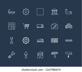 Set Of 20 black linear icons such as Paint roller, Home, Trowel, Wrench, Bathtub, Toolbox, Dumper, Wheelbarrow, Tractor, editable stroke vector icon pack