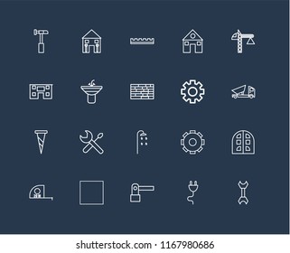 Set Of 20 black linear icons such as Wrench, Plug, Barrier, Tractor, Measuring tape, Crane, Settings, Shower, Screw, Sink, Ruler, editable stroke vector icon pack